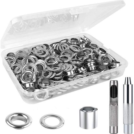 Trousse à œillets 200 set oeillets pour baches avec outils d'installation et boîte de rangement, Kit de grommets eyelets diamètre intérieur 12mm Argenté (1/4)