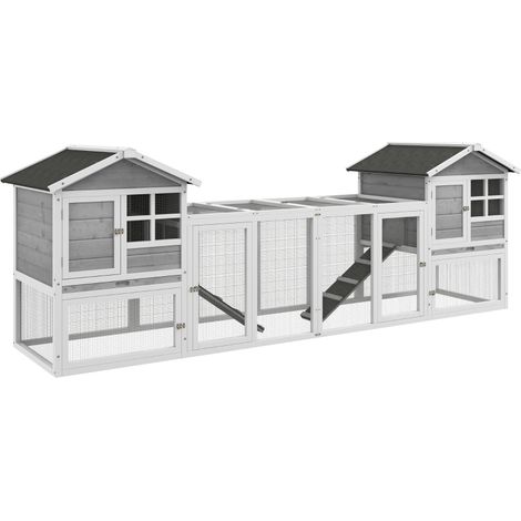 Cabane pour lapins petits animaux blanc gris en bois, rampe et bac à tiroir extractible, enclos intérieur extérieur, habitat confortable pour rongeurs domestiques (1/5)