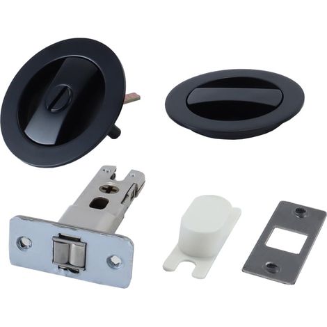 1 ensemble de quincaillerie de porte coulissante noire mate avec serrure et loquet de confidentialité, kit de poignée de porte coulissante ronde contemporaine en alliage de zinc (1/5)