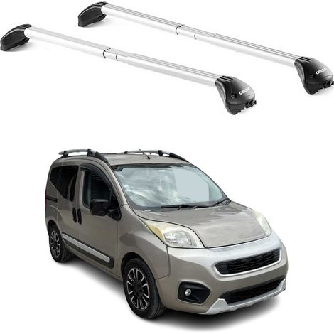 OMAC Barres de toit transversales certifiées TÜV pour Fiat Qubo 2008-2021 – Verrouillables (4 antivols) – Charge max 100 kg – Sangle inox + protection caoutchouc Argent (1/4)