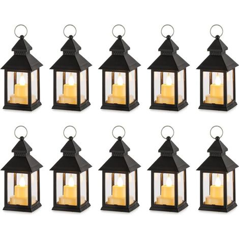 Klein Laterne Halloween Deko: 10 Stück Flackernde LED Teelicht Kerzen Mini Laternen Set Schwarz Hängend Draußen Innen mit Marokkanische Garten Weihnachten Tisch Wohnzimmer Außen Ramadan