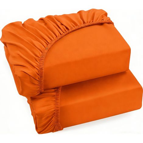 Lot de 2 draps en jersey 100 % coton (130 g/m²), hypoallergéniques et respirants, avec un volant de 30 cm. Dimensions : 180 x 200 cm. Coloris mandarine. (1/5)