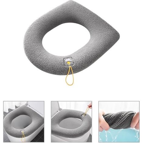 Set mit 2 weichen, grauen WC-Sitzbezügen mit Wolkenmotiv – waschbar, komfortabel, mit Abzieher, für angenehme Hygiene im Badezimmer (1/5)