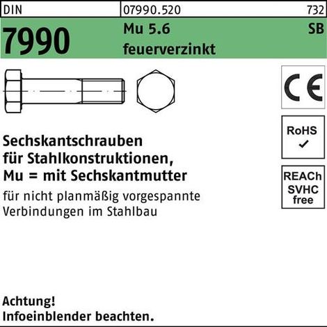 Tornillo hexagonal DIN 7990 CE Tuerca hexagonal M12x45 5.6 galvanizado en caliente 100 piezas