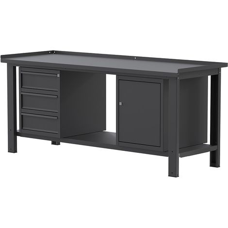 Banco lavoro SOGI X3N122A - 2 m - piano in acciaio - 3 cassetti + armadio con anta (1/4)