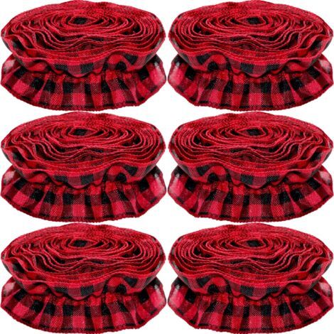 Weihnachtsbaum-Bandgirlande, Büffel-Karo-Weihnachtsornament, 9 Fuß x 6 Rollen, Stoff-Baumbandgirlande in Rot und Schwarz, Büffel-Karo, Weihnachtsdekoration für Zuhause (1/5)