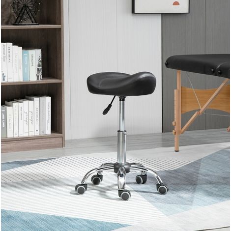Tabouret de travail 48x48x54-69 cm noir en cuir reconstitué réglable avec roulettes et siège selle pivotant (1/5)