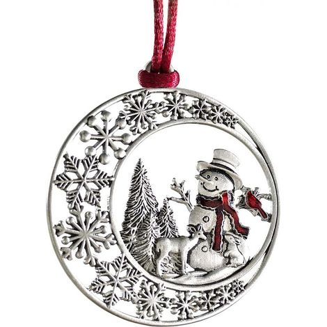Adorno navideño de hojalata maciza con cordón colgante de satén rojo, diseño de doble cara, decoración colgante DIY para fiestas en casa (muñeco de nieve). (1/4)