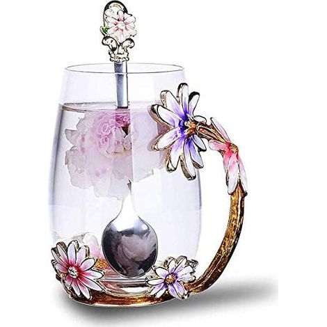 Tasse café en verre motif papillon fleur avec cuillère rouge (1/5)