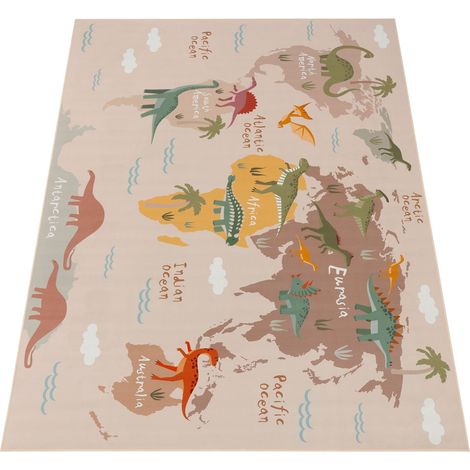 Paco Home Teppich Kinderzimmer Kinderteppich Dinosauriert Welt Rutschfest Beige Braun Grün 160x220 cm