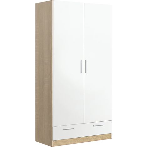 Armoire / placard de rangement de 2 portes + 1 tiroir coloris Chêne Cambrian / Blanc - longueur 102 x profondeur 51 x hauteur 200 cm -PEGANE- (1/2)