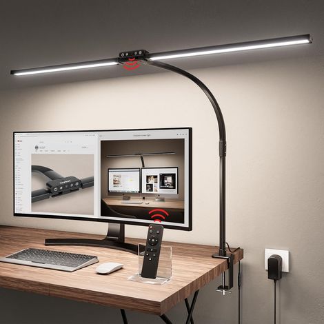 Lampe de Bureau LED Puissante 24W 80cm Lampe de Table à Double Tête avec Télécommande, Pince 9,5cm, Réglable 360°, 10 Modes Couleur, 10 Luminosité, 1800LM Lumière de Col de Cygne Flexible (1/5)