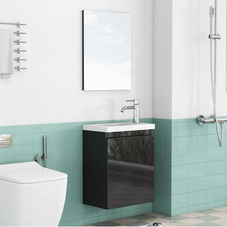 Meuble lave-mains suspendu 40 cm avec vasque céramique et miroir, MDF noir brillant, sans poignée (1/5)