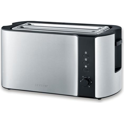 SEVERIN Grille-pain automatique 1400 W, Toaster compact 2 fentes jusqu'à 4 tranches, Grille-pain électrique avec réglage du degré de brunissage & fonction décongélation, Inox/Noir, AT 2590 (1/5)