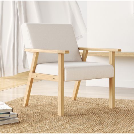 Fauteuil scandinave en lin crème, 64 x 70 x 72 cm, avec accoudoirs et coussins (1/5)