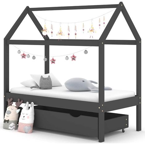 Cadre de lit enfant avec tiroir, cabane en pin massif gris foncé 70 x 140 cm - PANGIVO (1/5)