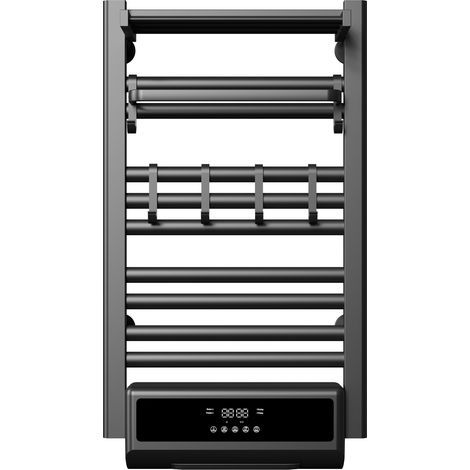 Radiateur Sèche-Serviettes Électrique 200W + Soufflerie 1800W - Noir Mat avec Thermostat Digital, Étagère et Crochets
