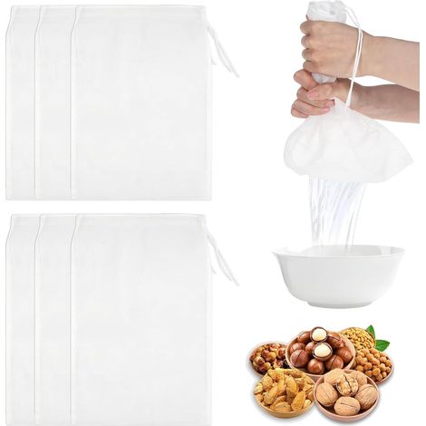 Lot de 6 Sac à Lait Végétal, 30 x 20 cm Sacs de Lait de Noix, en Nylon Ffiltrants Réutilisable, avec Cordon Filtre Jus de Fruit, pour Filtrer Lait de Soja, Jus, Résidus de Thé