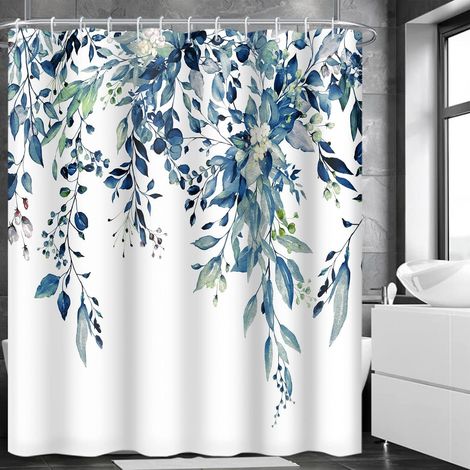 Blue Floral Polyester Shower Curtain Mildew and Mold Resistant with 12 Hooks Quick Dry Waterproof (1/5)