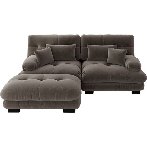 Canapé nuage d'angle pour salon, canapé double en chenille avec 2 coussins lombaires et 2 coussins déco, sofa rembourré à accoudoirs larges et pouf, brun (1/5)