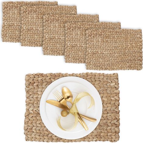 Relaxdays Set 6 Tovagliette Sottopiatto in Giacinto Acquatico, HLP: 1,5x42x30 cm, Placemat Americane in Paglia, Naturale