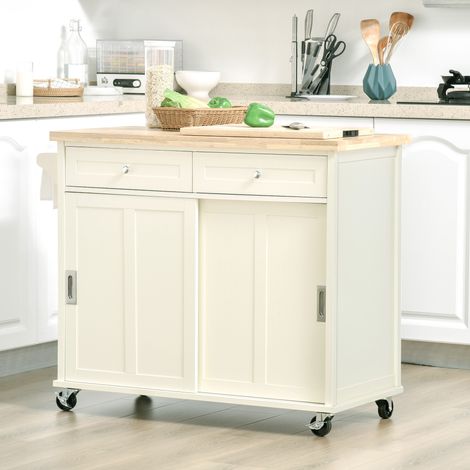 Îlot de cuisine pour ustensiles et accessoires avec tiroirs, placard et porte-serviettes, 110 x 49,5 x 89,5 cm, blanc (1/5)