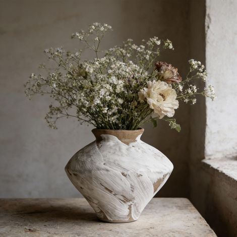 Vase Wabi Sabi Vintage, Vase en poterie rustique de style ferme de 15,5 cm de hauteur pour pièce maîtresse, Vase en poterie texturée blanche Wabi Sabi pour décoration de la maison, table (1/5)