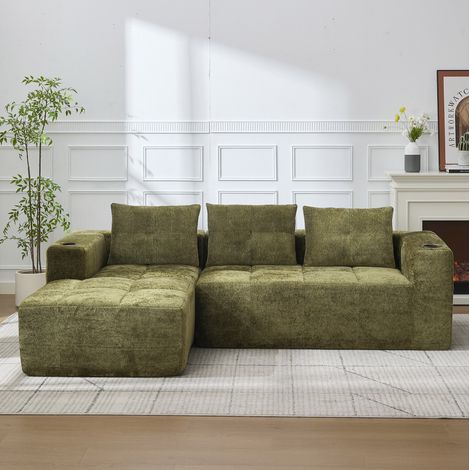 Ecksofa 258 cm grün aus Chenille mit Becherhaltern und tiefer Sitzfläche (1/5)