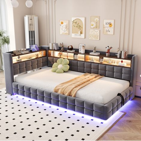 Cama sofá tapizada 90x200 cm moderna, terciopelo gris, arcón hidráulico, estantes de madera, LED, USB y Type-C (1/5)