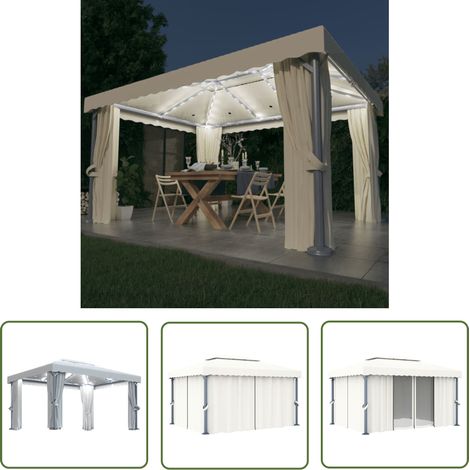 The Living Store Pavillon mit Vorhängen & LED-Lichterketten 4x3 m Cremeweiß - Gartenpavillon - Sonnensegel - Outdoor Möbel - Gartendekoration - Aluminium Pavillon (1/5)
