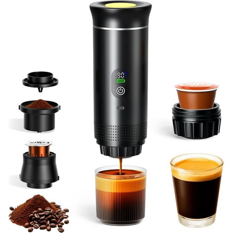 Machine à expresso portable 3 en 1, mini machine à café avec batterie et auto-chauffante, rechargeable par USB, compatible avec les capsules de café moulu, pour voiture (1/5)