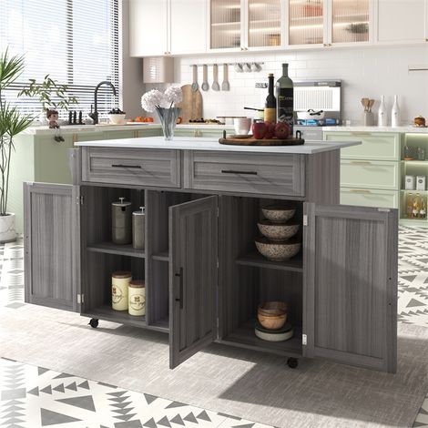 Fortuna Lai – Desserte de cuisine 129x76x91,5 cm – Plateau rabattable – 5 roues avec freins – 2 tiroirs – Corps en bois kaki et marbre blanc (1/5)