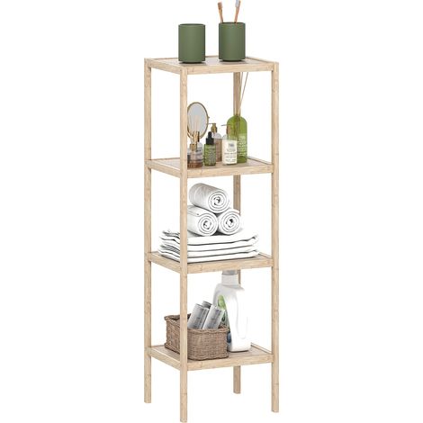Meuble de salle de bain moderne à 4 niveaux en bambou anti-basculement, 33 x 31 x 110 cm, couleur bois (1/5)