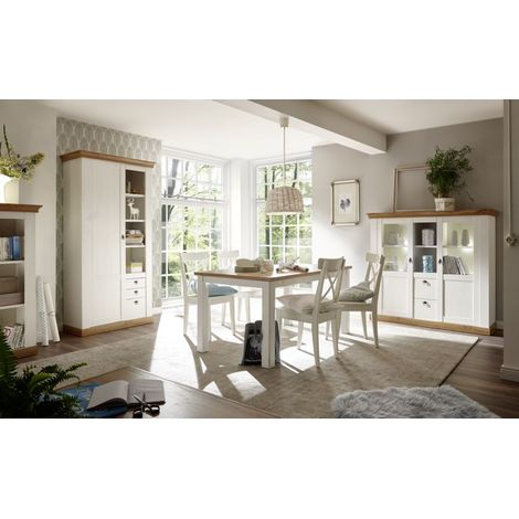 Landhaus Esszimmer-Set LINARES-61 in Pinie weiß / Wotan Eiche Nb. mit großem Highboard - (ohne Stühle) B/H/T ca.: 438x204x44 cm (1/5)