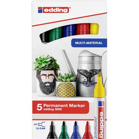 Edding 3000 4-3000-5 Marcatore indelebile Nero, Blu, Rosso, Verde, Giallo resistente all'acqua: Sì (1/5)