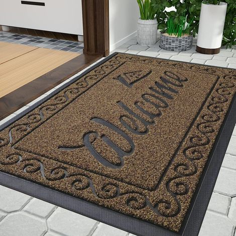 Paillasson Extérieur, 120 x 81 cm, antidérapant, résistant aux intempéries, lavable, paillasson de bienvenue pour porte d’entrée et entrée, Beige Brun (1/5)