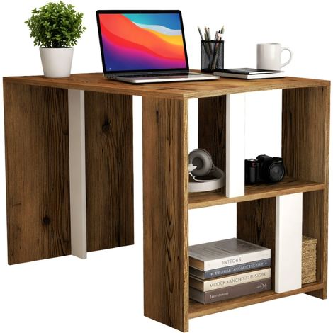 Dmora - Schreibtisch Schedar, Mehrzweckschreibtisch, Bürotisch für PC, Eckschreibtisch, 120x60h75 cm, Walnuss und Weiß, mit verstärkter Verpackung