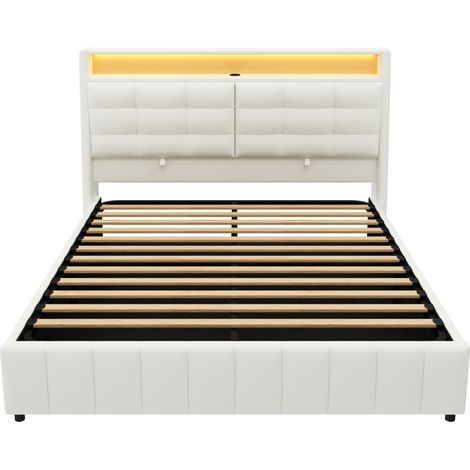 Cama plataforma tapizada 160 x 200 cm blanca con LED, USB y almacenaje HOMVRA (1/5)