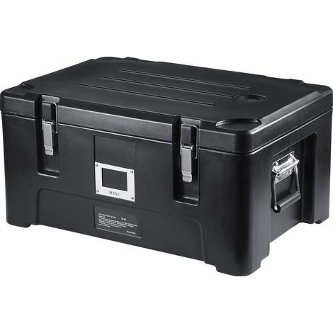 Porte-plats isotherme 36L, 3 bacs inox inclus, boîte chaude empilable pour restauration, poignées latérales élastiques et boucles, noir. (1/5)