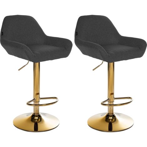 Juego de 2 taburetes de bar con reposapiés en forma de arco en metal dorado, asiento de tela negra TDB10795