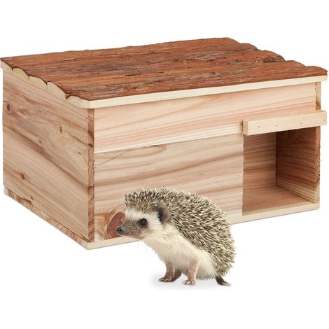 Relaxdays Hedgehog House, with Floor, Door Entrance, Wooden, Protect, Hibernation, Hutch, HxWxD: 21x40x30 cm, Natural