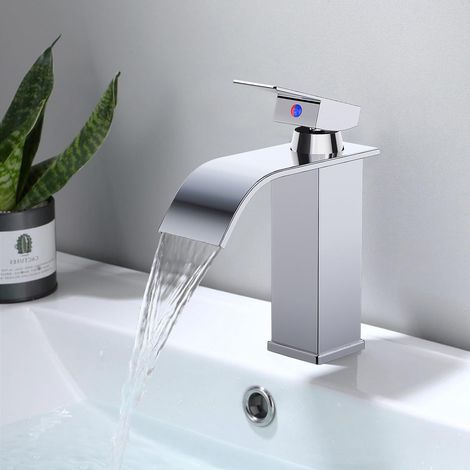 Robinet Salle de Bain,Mitigeur Lavabo Cascade en Acier Inoxydable,Mitigeur en Laiton,Eau Chaude et Froide Disponible,Economiseur d'eau, chromé (Comprend un tuyau de 60 cm) Argent - Bas (1/2)