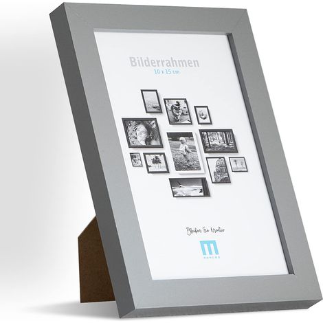 Cadre photo moderne et intemporel en bois MDF gris pour petites photos et images de 10 x 15 cm avec protection en verre acrylique. Il convient comme support de table ou à poser au mur (1/4)