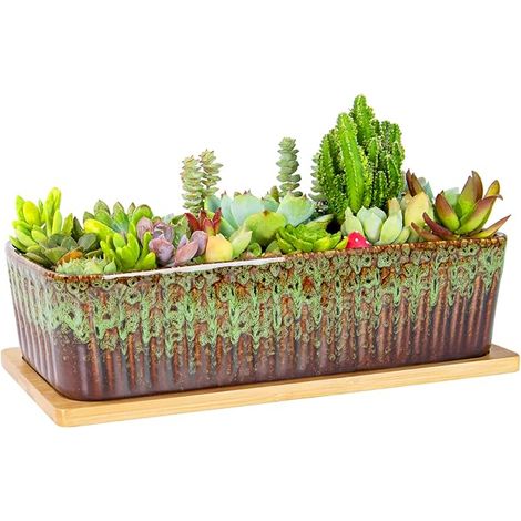12cm Grand pot de fleurs en céramique rectangle avec bac de drainage pour les plantes sucantes Cactus intérieur (1/5)