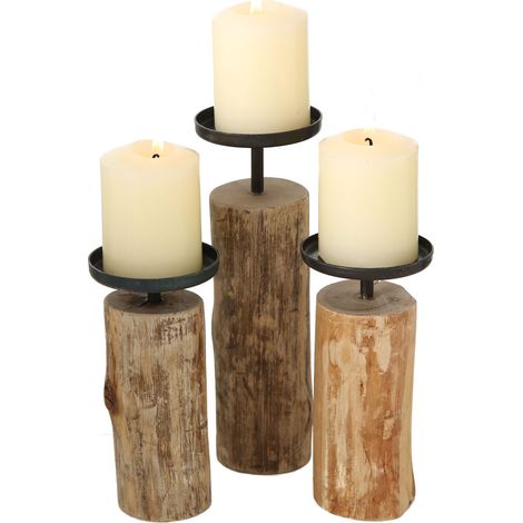 Eukalyptus Kerzenhalter 3er Set - 24 / 19 / 15 cm - Holz Kerzen Ständer mit Metall Haltern