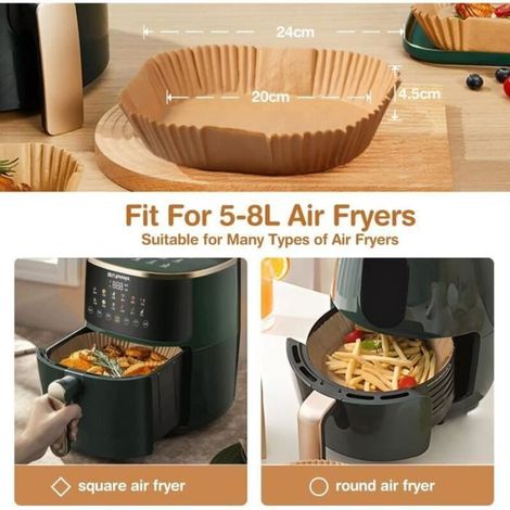 100 fogli di carta da forno da 20 cm per friggitrice ad aria, monouso con rivestimento antiaderente, accessorio per friggitrice ad aria, adatti per friggitrici da 5-8 litri (1/3)