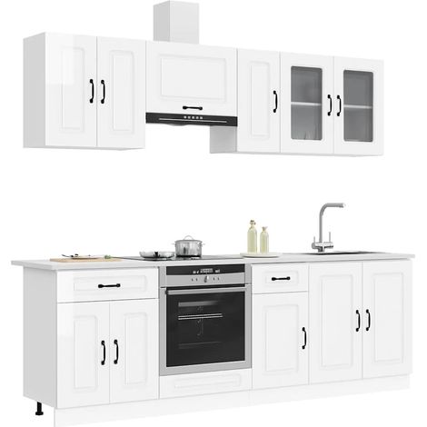 Ensemble de meubles de cuisine 8 pièces blanc brillant avec rangements, bois d’ingénierie et verre - PANGIVO (1/5)