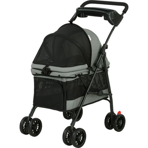 Poussette pour Chien Pliable, 4 Roues EVA, Fenêtres en Maille, Laisses de Sécurité, Coussin Amovible, 73x50x96cm, Gris (1/5)