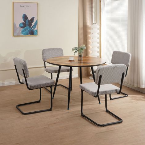 Ensemble repas table ronde naturel + 4 chaises velours gris - SCANDI