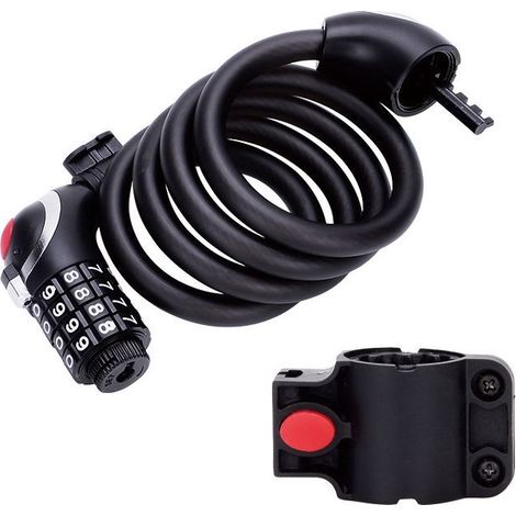 Cadenas de Vélo, 180cm x 12mm Câble Antivol pour Vélo/Scooter/Motos/Portail Vélo, avec 4 Chiffres Intelligente Code et vélo Titulaire, Couleur Noir (1/5)